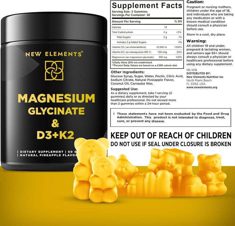 Magnesium Glycinate Gummies with Vitamin D3 (10,000 IU) & K2 – Bone, Heart & Relaxation Support | Vegan Pineapple Flavor (60 Gummies)