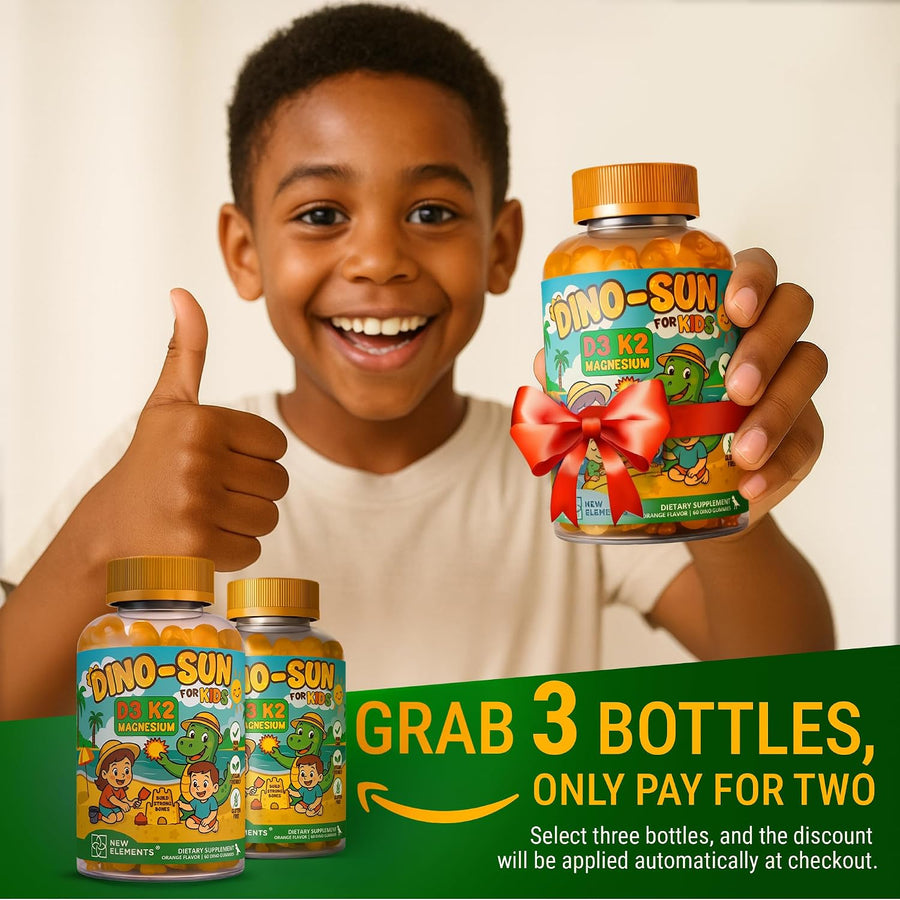 New Elements Kids Vitamin D3 K2 Gummies with Magnesium Glycinate | Strong Bones & Immune Health | Vitamin D3 1000 IU for Kids | Vitamin K2 for Kids 20mcg | Non-GMO, Gluten-Free