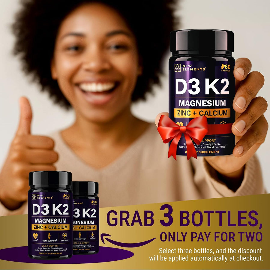 Vitamin D3 K2 Magnesium with Zinc & Calcium | Magnesium Glycinate 1500mg | D3 10,000 IU | K2 200mcg | Calcium 50mg | Zinc 50mg | Bone, Muscle & Immune Support for Women & Men - Vegan - Non-GMO