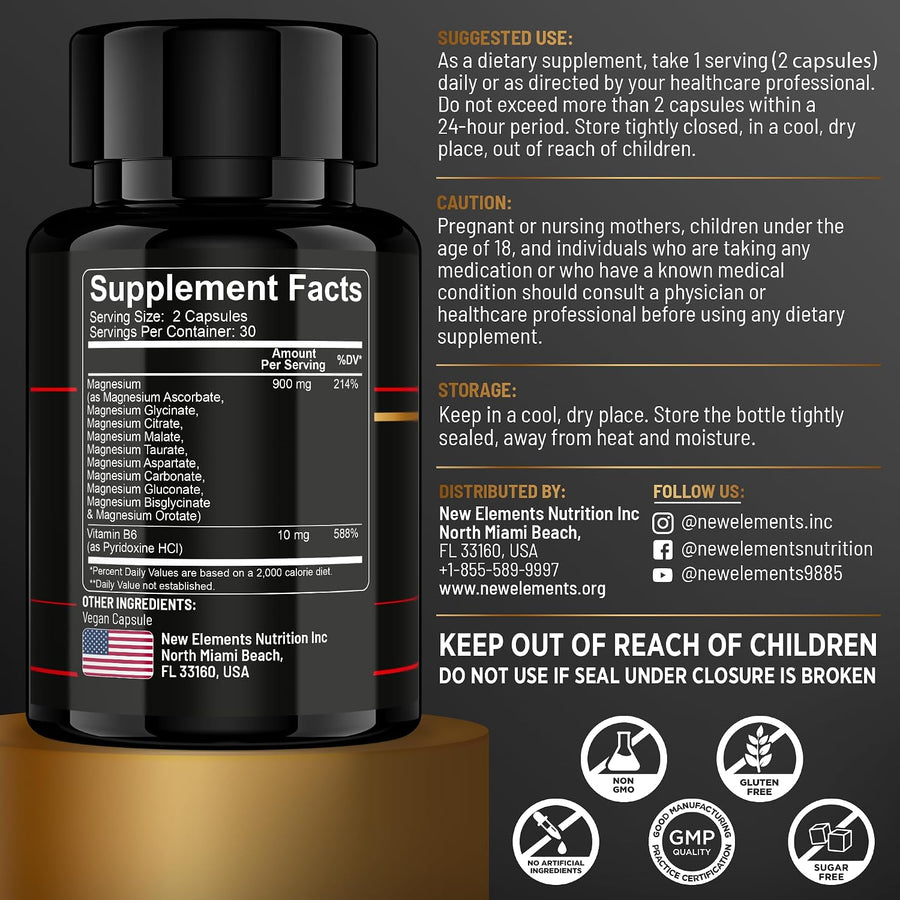 Magnesium 10X Complex โ 900mg Elemental Magnesium | Glycinate, Gluconate, Malate, Orotate, Carbonate, Asparate, Taurate, Citrate, Bisglycinate, Ascorbate + Vitamin B6 for Superior Absorption