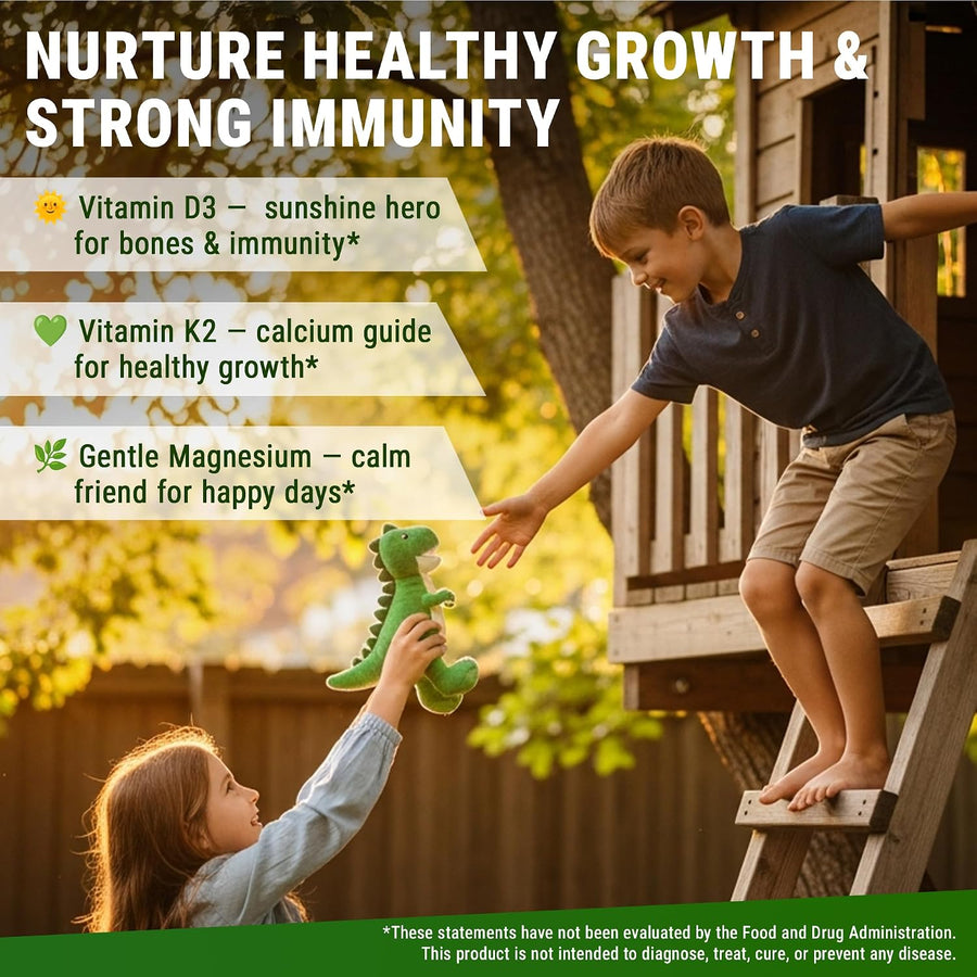 New Elements Kids Vitamin D3 K2 Gummies with Magnesium Glycinate | Strong Bones & Immune Health | Vitamin D3 1000 IU for Kids | Vitamin K2 for Kids 20mcg | Non-GMO, Gluten-Free