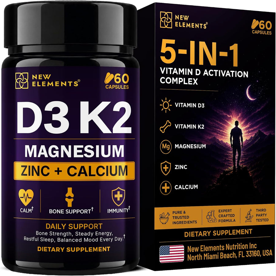 Vitamin D3 K2 Magnesium with Zinc & Calcium | Magnesium Glycinate 1500mg | D3 10,000 IU | K2 200mcg | Calcium 50mg | Zinc 50mg | Bone, Muscle & Immune Support for Women & Men - Vegan - Non-GMO