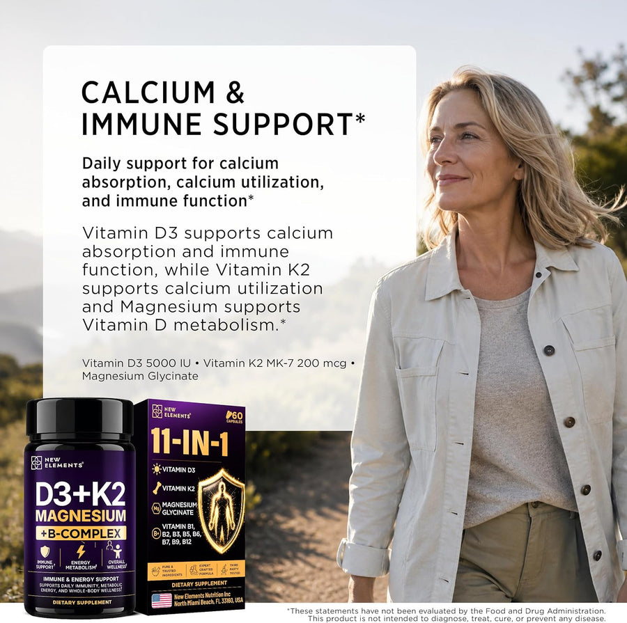 Magnesium Glycinate & B Complex | D3 5000 IU + K2 MK-7 200 mcg with Magnesium Glycinate & 8 B Vitamins; 11-in-1 formula, 60 vegan capsules / 30 servings