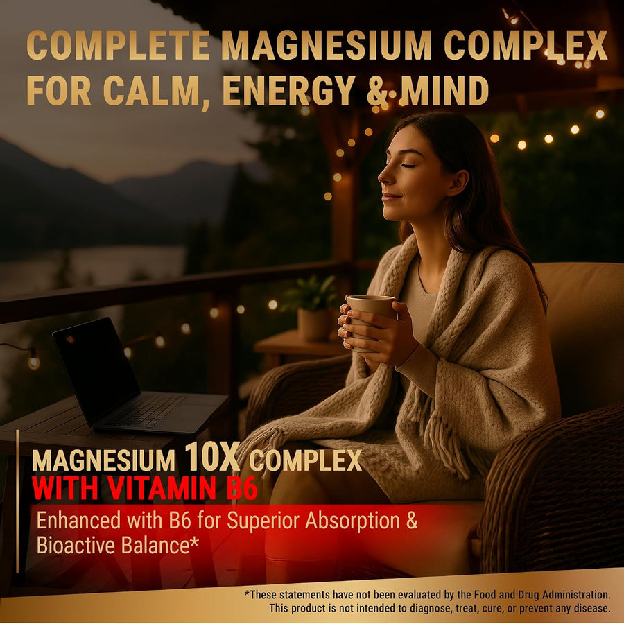 Magnesium 10X Complex โ 900mg Elemental Magnesium | Glycinate, Gluconate, Malate, Orotate, Carbonate, Asparate, Taurate, Citrate, Bisglycinate, Ascorbate + Vitamin B6 for Superior Absorption