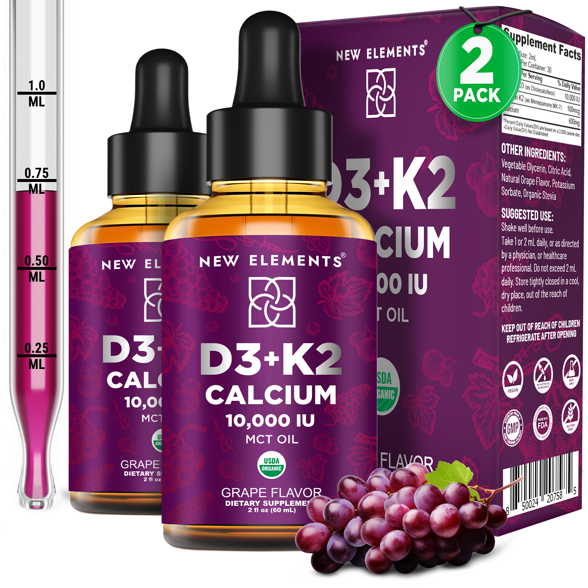 4U ディアビューティ K2プライム 3点セット 2 Pack] Liquid Vitamin D3 (10,000 IU) + K2 + Calcium – Bone, Joint &
