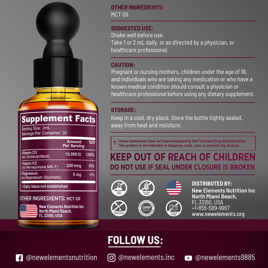 Vitamin D3 + K2 with Magnesium – High Potency 10,000 IU Drops | MK-7 K2 200 mcg, Magnesium Glycinate, MCT Oil (Unflavored, 2 fl oz)