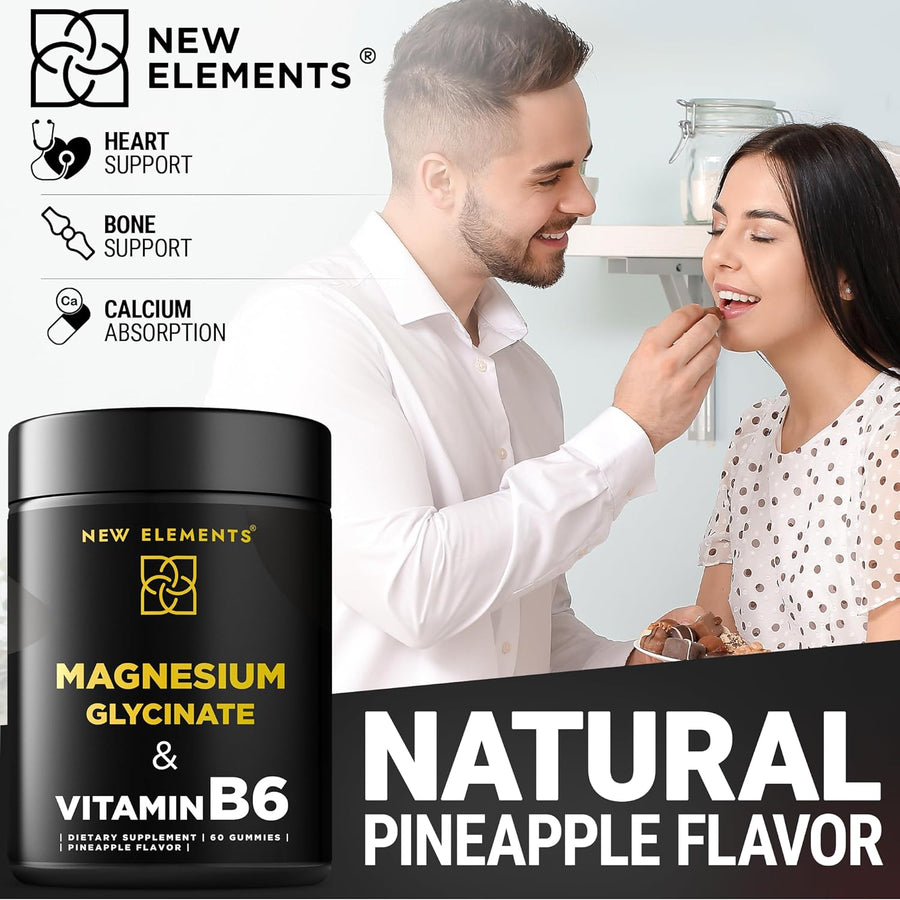 Magnesium Glycinate Gummies with Vitamin B6 – 500 mg Magnesium + 100 mg B6 | Sleep, Relaxation, Stress & Muscle Support | Vegan, Pineapple Flavor (60 Gummies)