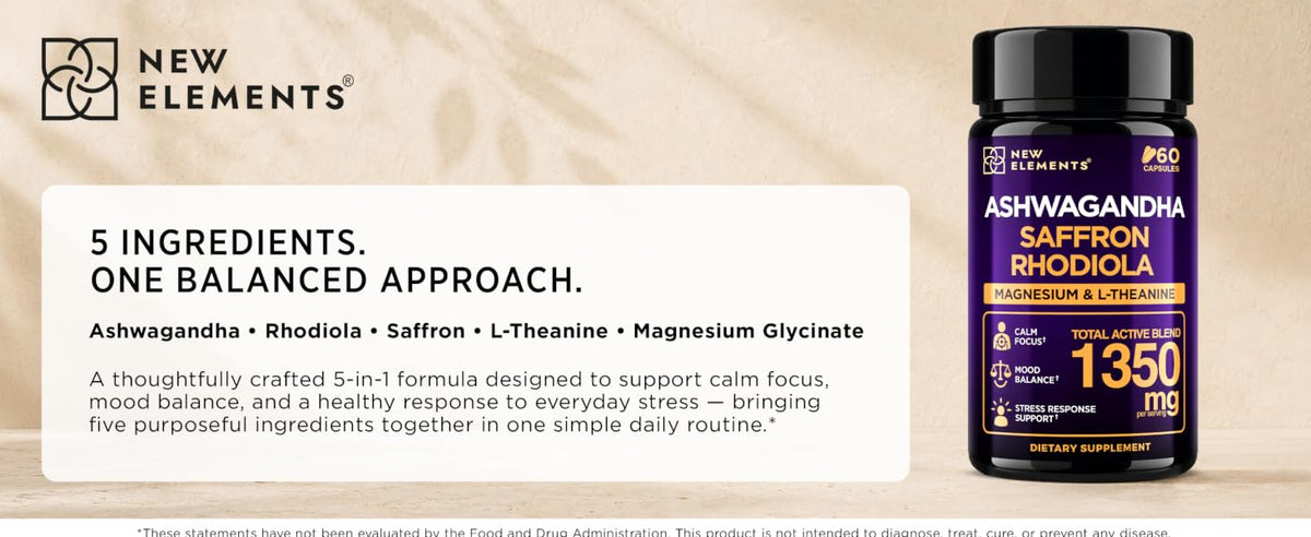 New Elements Ashwagandha Supplements 600mg per Serving with Saffron, Rhodiola Rosea, L-Theanine & Magnesium Glycinate, 5-in-1 Stress Support, Calm Focus & Mood Balance, 60 Vegan Capsules — Amazon A+ banner 1