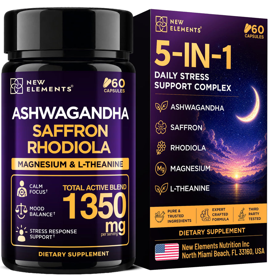 New Elements Ashwagandha Supplements 600mg per Serving with Saffron, Rhodiola Rosea, L-Theanine & Magnesium Glycinate, 5-in-1 Stress Support, Calm Focus & Mood Balance, 60 Vegan Capsules — Amazon gallery image 1