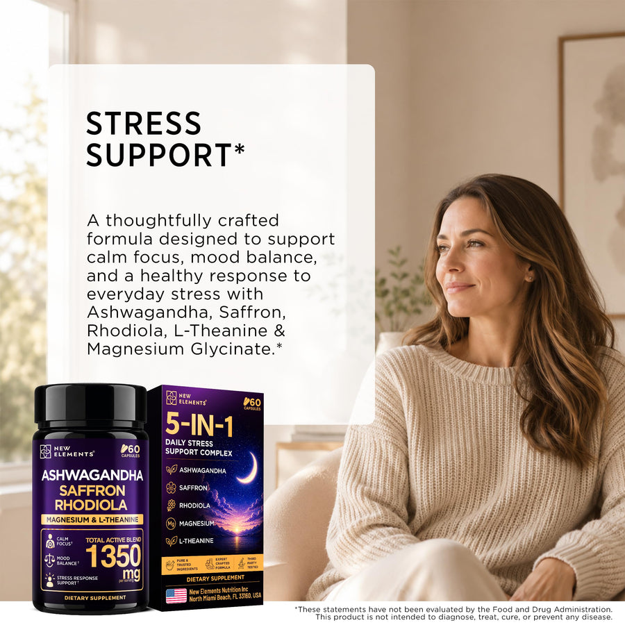 New Elements Ashwagandha Supplements 600mg per Serving with Saffron, Rhodiola Rosea, L-Theanine & Magnesium Glycinate, 5-in-1 Stress Support, Calm Focus & Mood Balance, 60 Vegan Capsules — Amazon gallery image 3