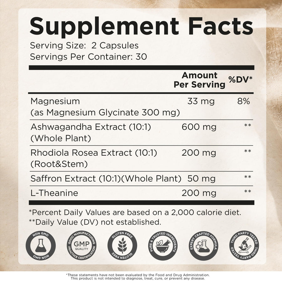 New Elements Ashwagandha Supplements 600mg per Serving with Saffron, Rhodiola Rosea, L-Theanine & Magnesium Glycinate, 5-in-1 Stress Support, Calm Focus & Mood Balance, 60 Vegan Capsules — Amazon gallery image 7