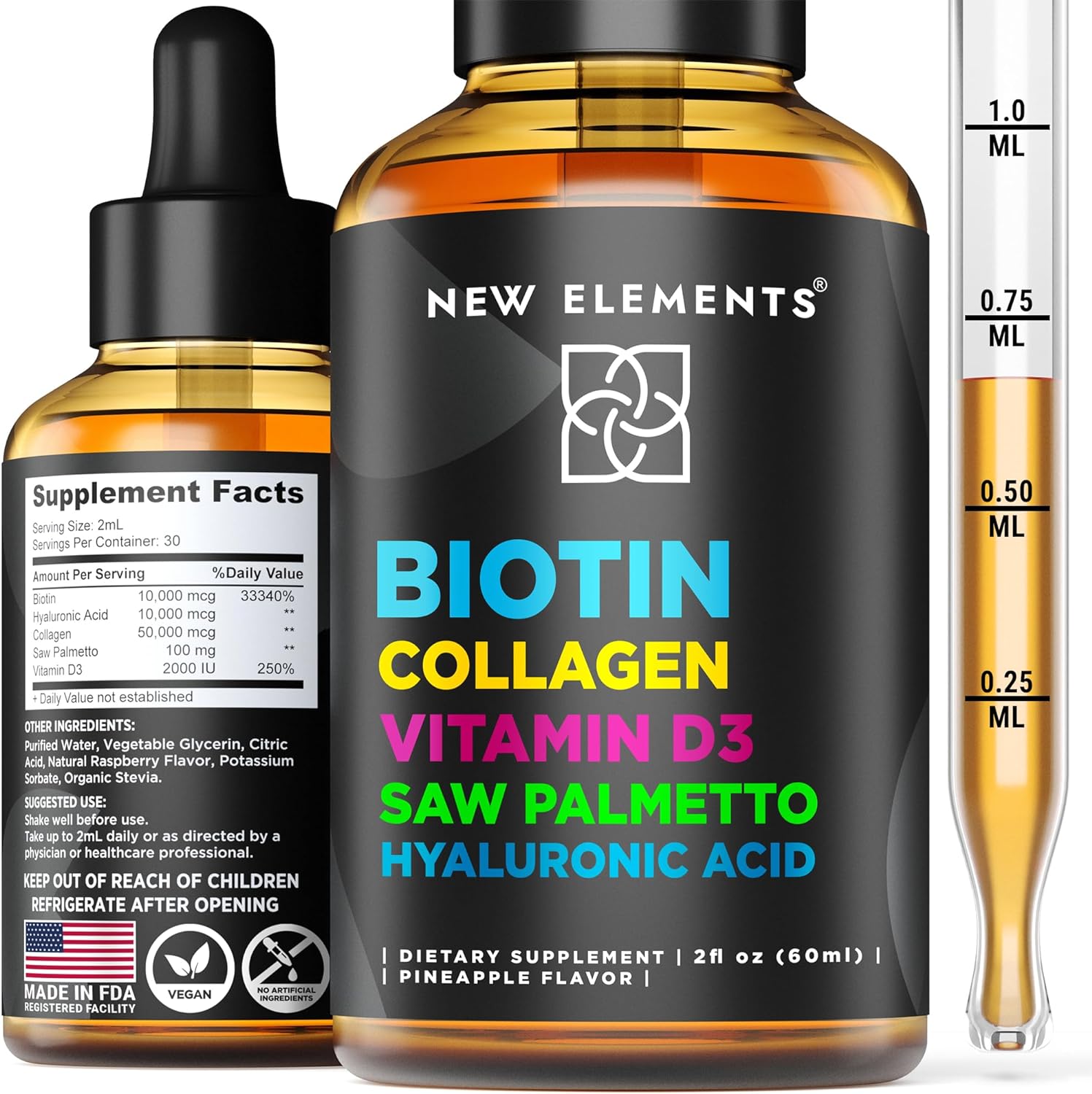 New Elements Liquid Biotin Drops with Collagen, Vitamin D3, Saw Palmetto & Hyaluronic