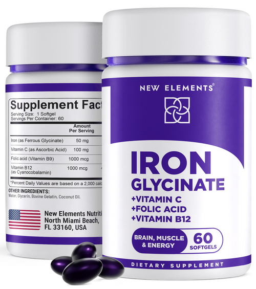 Iron Glycinate 50mg with Vitamin C, Folic Acid & B12 – Gentle Iron Supplement for Anemia Relief, Energy & Immune Support – 60 Softgels