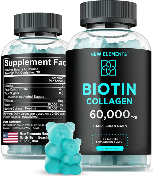 Biotin & Collagen Gummies – Hair, Skin & Nails Support | 10,000 mcg Biotin + 50,000 mcg Collagen Peptides, Strawberry Flavor (60 Gummies)