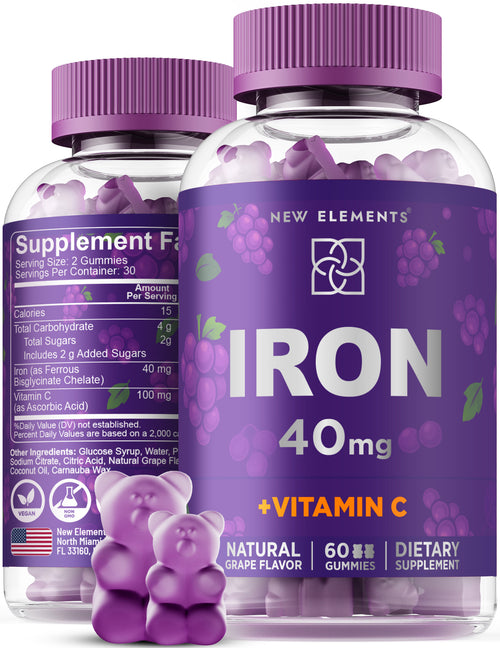Iron Gummies with Vitamin C – 40 mg Iron + 100 mg Vitamin C | Blood Health, Energy & Immune Support | Vegan, Non-GMO, Grape Flavor (60 Gummies)