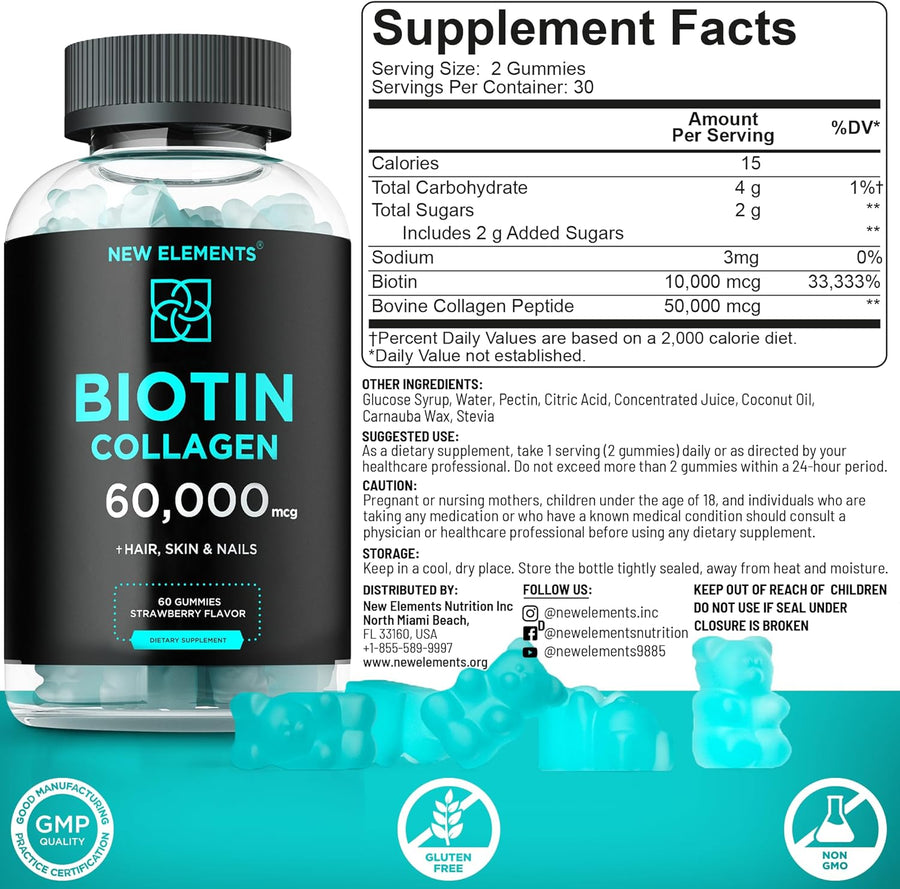 Biotin & Collagen Gummies – Hair, Skin & Nails Support | 10,000 mcg Biotin + 50,000 mcg Collagen Peptides, Strawberry Flavor (60 Gummies)