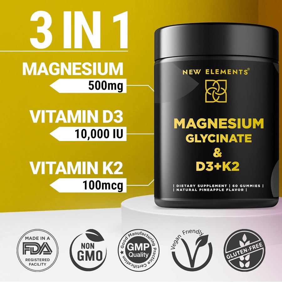 Magnesium Glycinate Gummies with Vitamin D3 (10,000 IU) & K2 – Bone, Heart & Relaxation Support | Vegan Pineapple Flavor (60 Gummies)