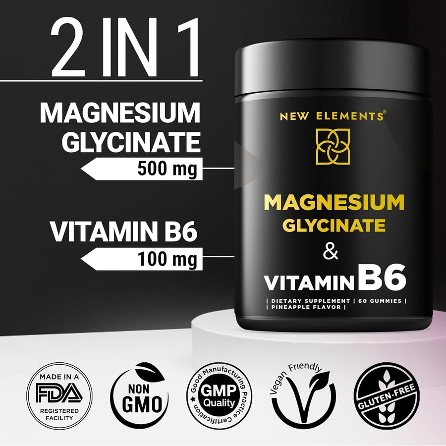 Magnesium Glycinate Gummies with Vitamin B6 – 500 mg Magnesium + 100 mg B6 | Sleep, Relaxation, Stress & Muscle Support | Vegan, Pineapple Flavor (60 Gummies)