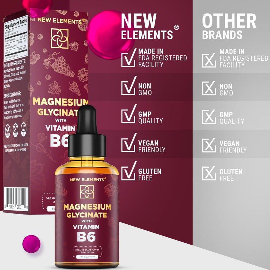 Magnesium Glycinate with Vitamin B6 – Liquid Drops 500 mg + 100 mg | Stress Relief, Sleep & Relaxation, Muscle & Heart Support (2 fl oz)