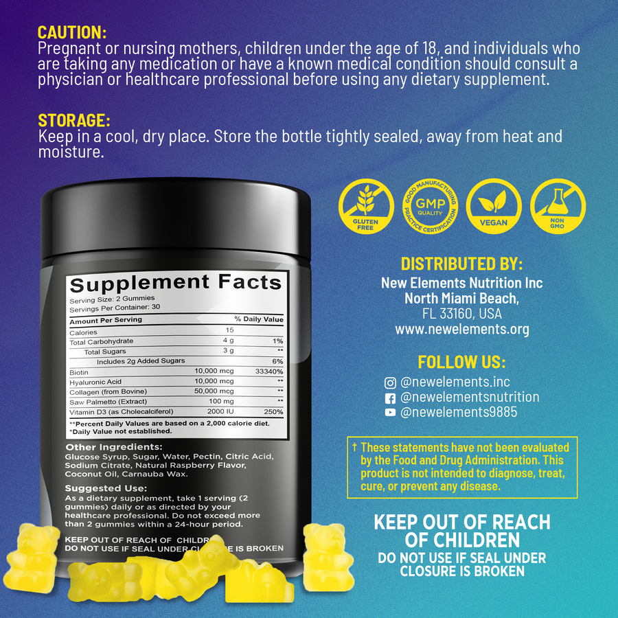 Biotin Gummies with Collagen, Vitamin D3, Saw Palmetto & Hyaluronic Acid – Hair, Skin & Nails Growth Supplement for Women & Men | Pineapple Flavor | 60 Gummies