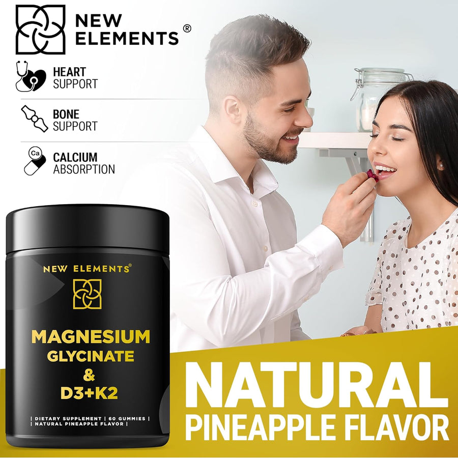 Magnesium Glycinate Gummies with Vitamin D3 (10,000 IU) & K2 – Bone, Heart & Relaxation Support | Vegan Pineapple Flavor (60 Gummies)