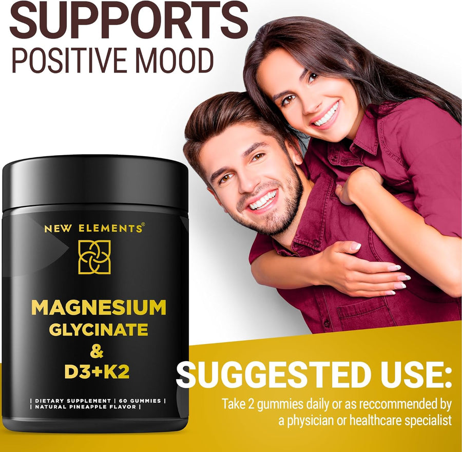 Magnesium Glycinate Gummies with Vitamin D3 (10,000 IU) & K2 – Bone, Heart & Relaxation Support | Vegan Pineapple Flavor (60 Gummies)
