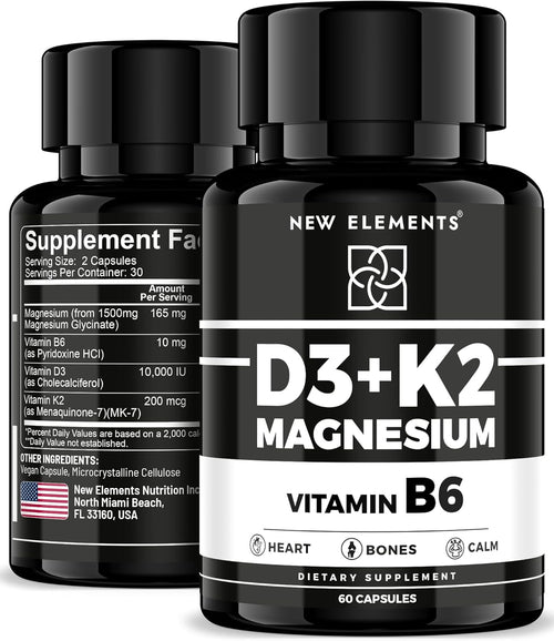 Vitamin D3 K2 with Magnesium Glycinate & B6 – Bone, Heart & Immunity Support – 60 Vegan Capsules – High Absorption, Non-GMO
