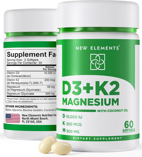 Vitamin D3 (10,000 IU) + K2 (100 mcg) with Magnesium Glycinate (500 mg) – Bone, Heart & Immune Support | Softgels with Coconut Oil (60 Count)
