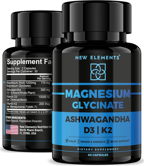 Magnesium Glycinate 1500mg with Ashwagandha 300mg + Vitamin D3 10,000 IU & K2 MK-7 – Stress Relief, Calm Mood & Bone Support – 60 Vegan Capsules