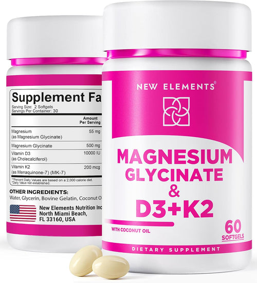 Magnesium Glycinate with Vitamin D3 (10,000 IU) & K2 (200 mcg) – Bone, Heart & Relaxation Support | Softgels with Coconut Oil (60 Count)