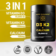 Vitamin D3 K2 Gummies 10,000 IU with Calcium – Bone, Immune & Heart Support – Vegan Pineapple Flavor – 60 Gummies