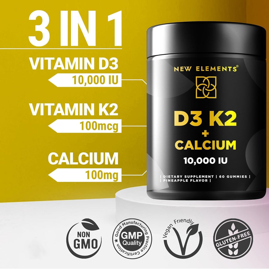Vitamin D3 K2 Gummies 10,000 IU with Calcium – Bone, Immune & Heart Support – Vegan Pineapple Flavor – 60 Gummies