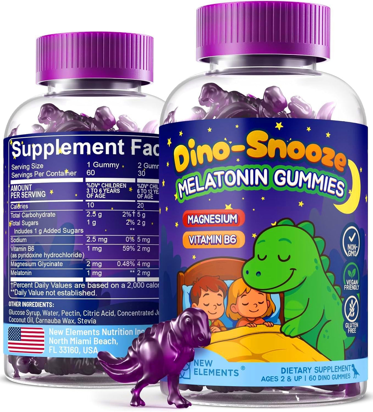 Kids Melatonin Gummies 2mg with Magnesium & Vitamin B6 – Dino-Shaped Sleep Support – Sugar Free, Non-GMO, Gluten-Free – Natural Grape Flavor (60 Gummies)
