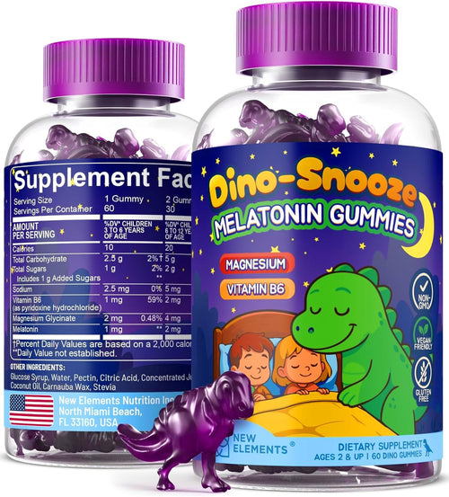 Kids Melatonin Gummies 2mg with Magnesium & Vitamin B6 – Dino-Shaped Sleep Support – Sugar Free, Non-GMO, Gluten-Free – Natural Grape Flavor (60 Gummies)