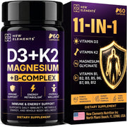 Magnesium Glycinate & B Complex | D3 5000 IU + K2 MK-7 200 mcg with Magnesium Glycinate & 8 B Vitamins; 11-in-1 formula, 60 vegan capsules / 30 servings
