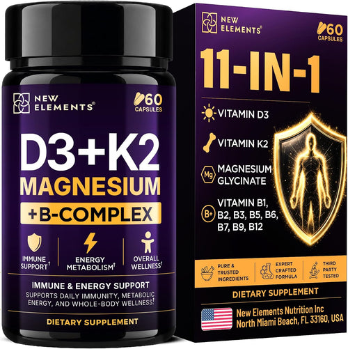 Magnesium Glycinate & B Complex | D3 5000 IU + K2 MK-7 200 mcg with Magnesium Glycinate & 8 B Vitamins; 11-in-1 formula, 60 vegan capsules / 30 servings