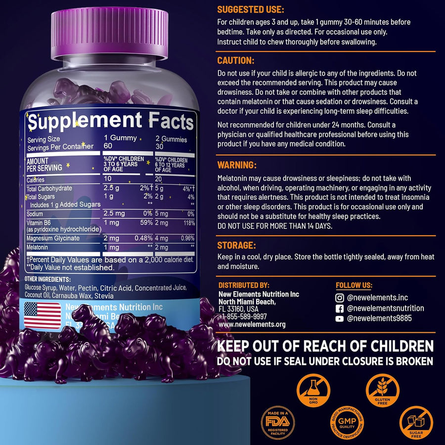 Kids Melatonin Gummies 2mg with Magnesium & Vitamin B6 – Dino-Shaped Sleep Support – Sugar Free, Non-GMO, Gluten-Free – Natural Grape Flavor (60 Gummies)