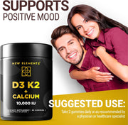 Vitamin D3 K2 Gummies 10,000 IU with Calcium – Bone, Immune & Heart Support – Vegan Pineapple Flavor – 60 Gummies