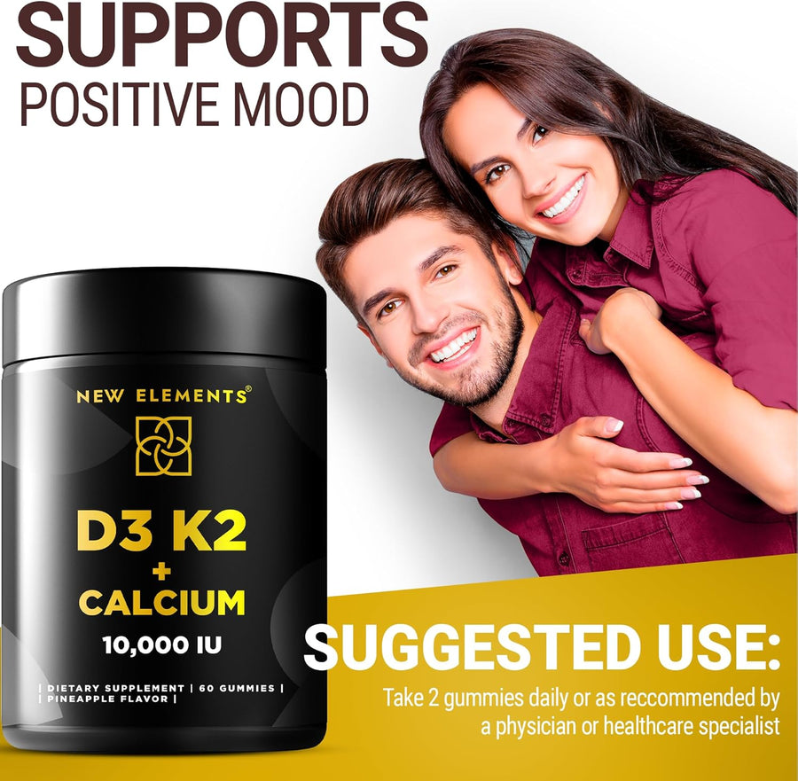 Vitamin D3 K2 Gummies 10,000 IU with Calcium – Bone, Immune & Heart Support – Vegan Pineapple Flavor – 60 Gummies
