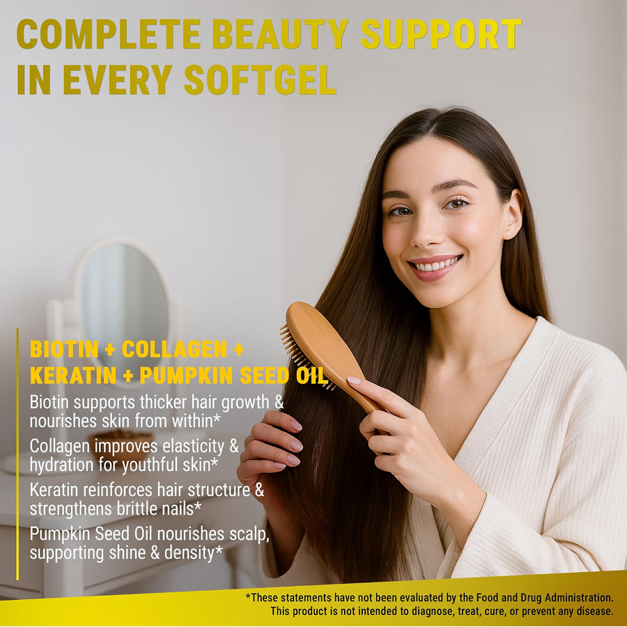 Biotin 10,000mcg with Collagen, Keratin & Pumpkin Seed Oil – Hair, Skin & Nails Supplement for Women & Men | Hair Growth, Strength & Shine | 60 Softgels