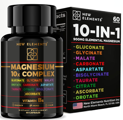 Magnesium 10X Complex – 900mg Elemental Magnesium | Glycinate, Gluconate, Malate, Orotate, Carbonate, Asparate, Taurate, Citrate, Bisglycinate, Ascorbate + Vitamin B6 for Superior Absorption