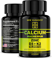 Calcium 1200mg with Vitamin D3 10,000 IU, K2 200mcg, Magnesium Glycinate & Zinc – Bone, Muscle & Immune Support – 60 Vegan Capsules