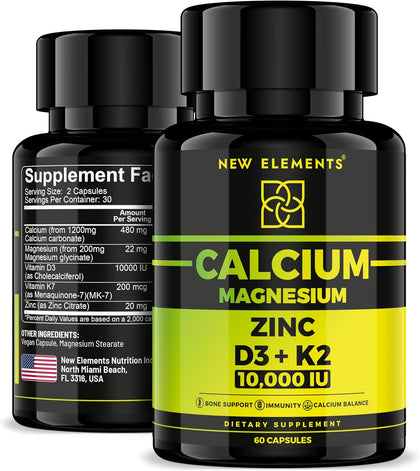 Calcium 1200mg with Vitamin D3 10,000 IU, K2 200mcg, Magnesium Glycinate & Zinc – Bone, Muscle & Immune Support – 60 Vegan Capsules