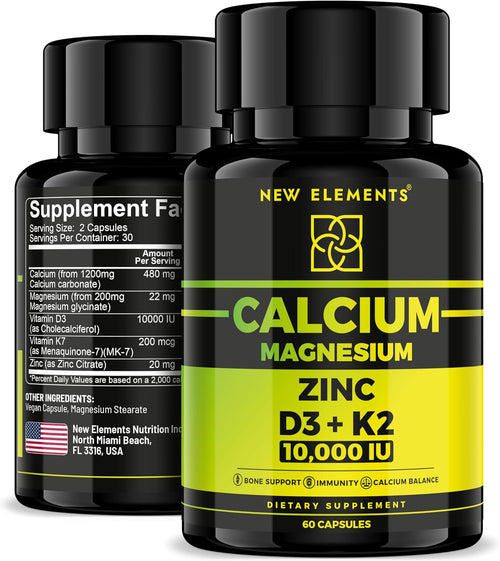 Calcium 1200mg with Vitamin D3 10,000 IU, K2 200mcg, Magnesium Glycinate & Zinc – Bone, Muscle & Immune Support – 60 Vegan Capsules