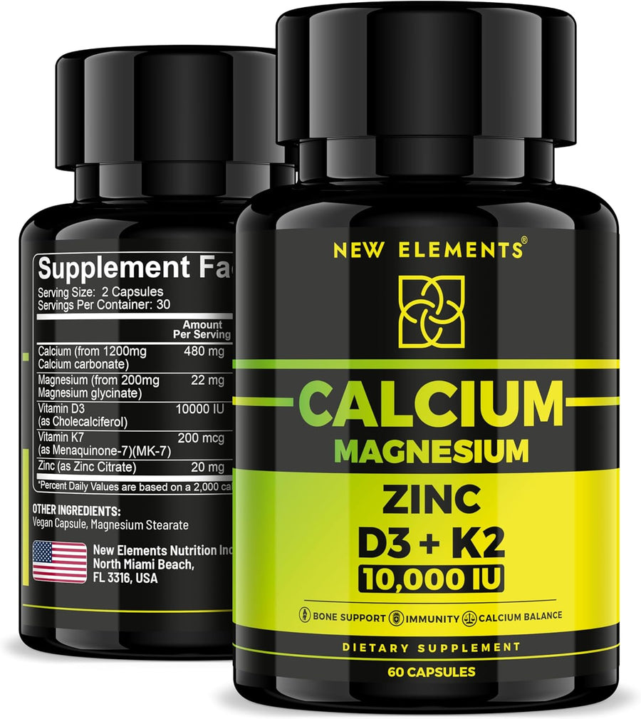 Calcium 1200mg with Vitamin D3 10,000 IU, K2 200mcg, Magnesium Glycinate & Zinc – Bone, Muscle & Immune Support – 60 Vegan Capsules