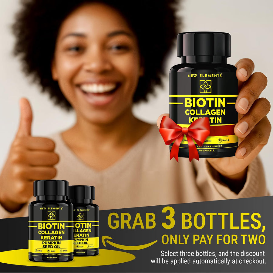 Biotin 10,000mcg with Collagen, Keratin & Pumpkin Seed Oil – Hair, Skin & Nails Supplement for Women & Men | Hair Growth, Strength & Shine | 60 Softgels