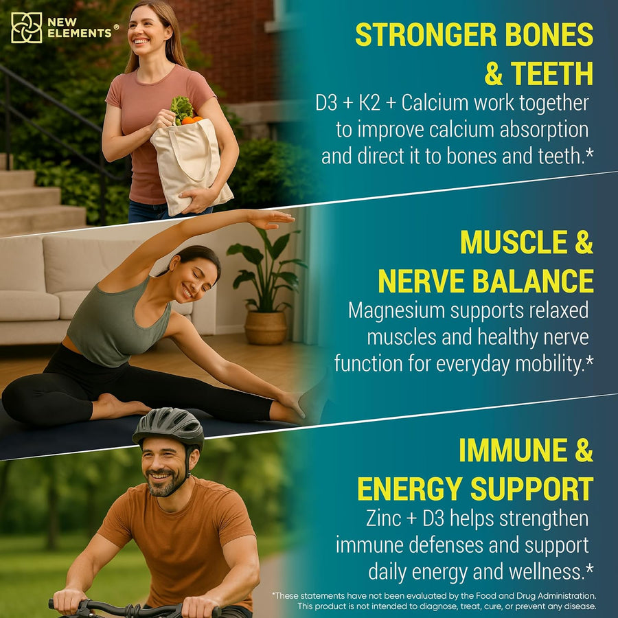 Calcium 1200mg with Vitamin D3 10,000 IU, K2 200mcg, Magnesium Glycinate & Zinc – Bone, Muscle & Immune Support – 60 Vegan Capsules