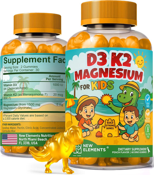 New Elements Kids Vitamin D3 K2 Gummies with Magnesium Glycinate | Strong Bones & Immune Health | Vitamin D3 1000 IU for Kids | Vitamin K2 for Kids 20mcg | Non-GMO, Gluten-Free