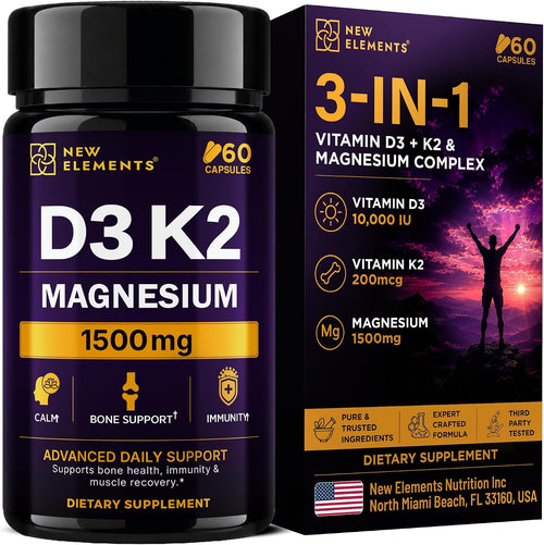 Vitamin D3 K2 Magnesium Glycinate (165mg Elemental Magnesium) | Vitamin D3 10,000 IU | K2 200mcg | Bone Health, Immune Support, Energy & Mood - Non-GMO, Gluten-Free, 60 Vegan Capsules for Women & Men
