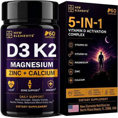 Vitamin D3 K2 Magnesium with Zinc & Calcium | Magnesium Glycinate 1500mg | D3 10,000 IU | K2 200mcg | Calcium 50mg | Zinc 50mg | Bone, Muscle & Immune Support for Women & Men - Vegan - Non-GMO